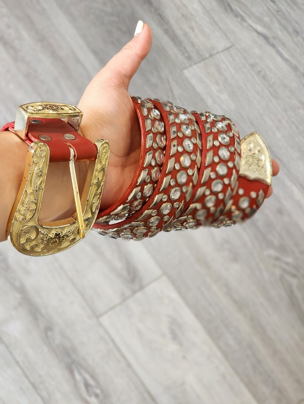 Vintage Red Western Bling Belt with Gold Ornate Buckle XXL 44" - Picture 3 of 8